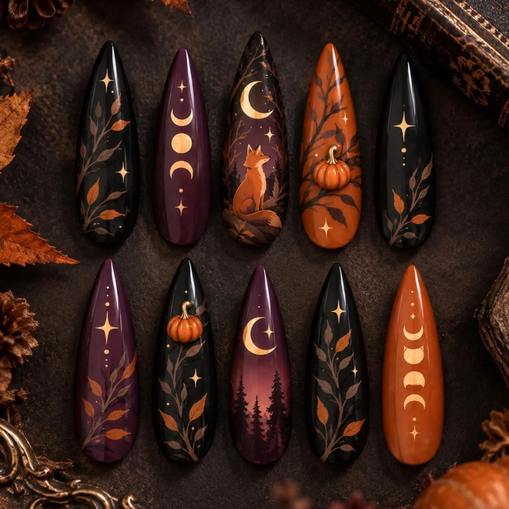 Mystic Fox Press On Nails, Gothic Fall Nails with Crescent Moon & Pumpkin Nail Art