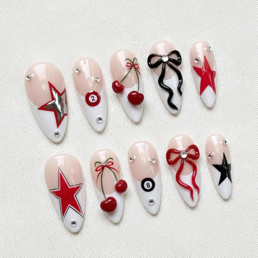 Y2K Press On Nails, Red Star Cherry 3D Bow & Rhinestone Nail Art