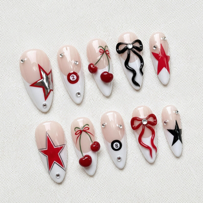 Y2K Press On Nails, Red Star Cherry 3D Bow & Rhinestone Nail Art