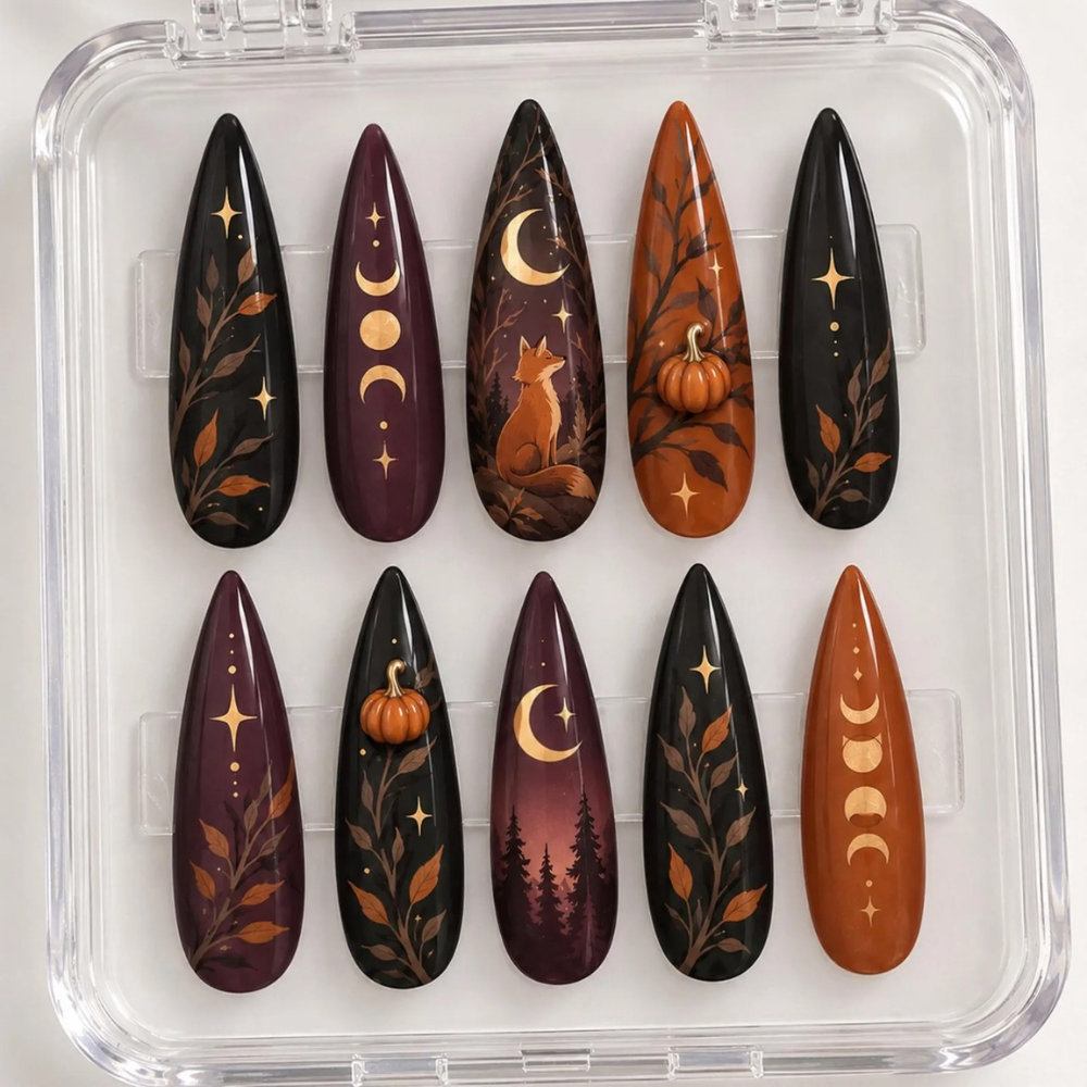Mystic Fox Press On Nails, Gothic Fall Nails with Crescent Moon & Pumpkin Nail Art