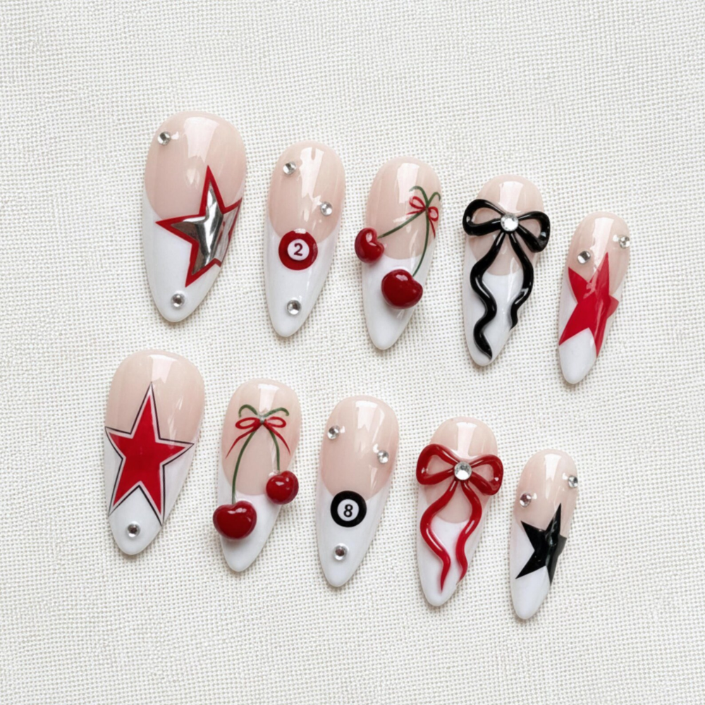 Y2K Press On Nails, Red Star Cherry 3D Bow & Rhinestone Nail Art