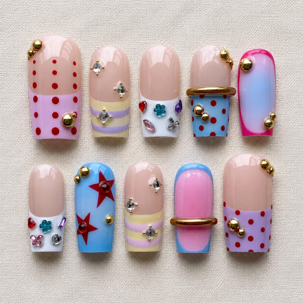 Y2K Press On Nails, Pastel Polka Dot Star Rhinestone & Gold 3D Nail Art