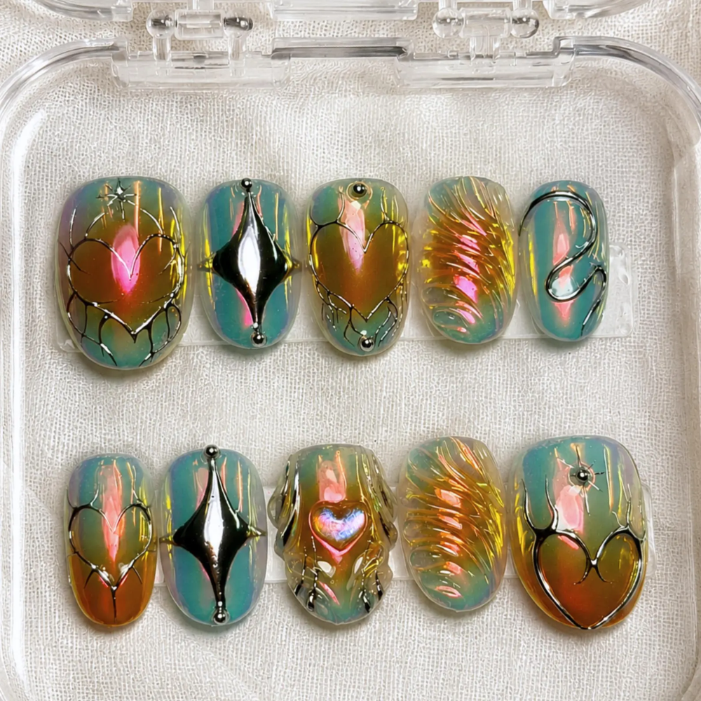 Aurora Chrome Heart Press On Nails, Iridescent Fairycore 3D Nail Art