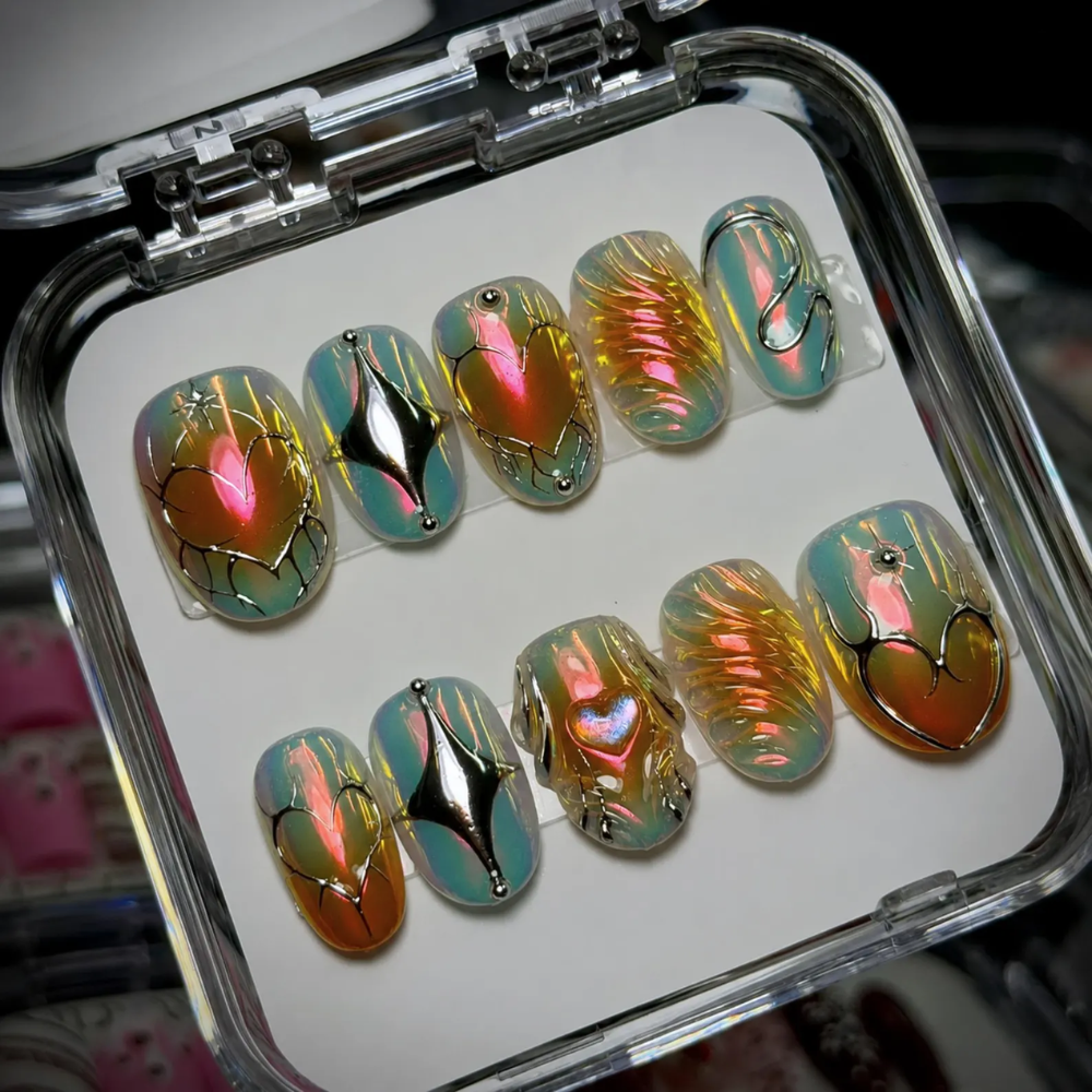 Aurora Chrome Heart Press On Nails, Iridescent Fairycore 3D Nail Art