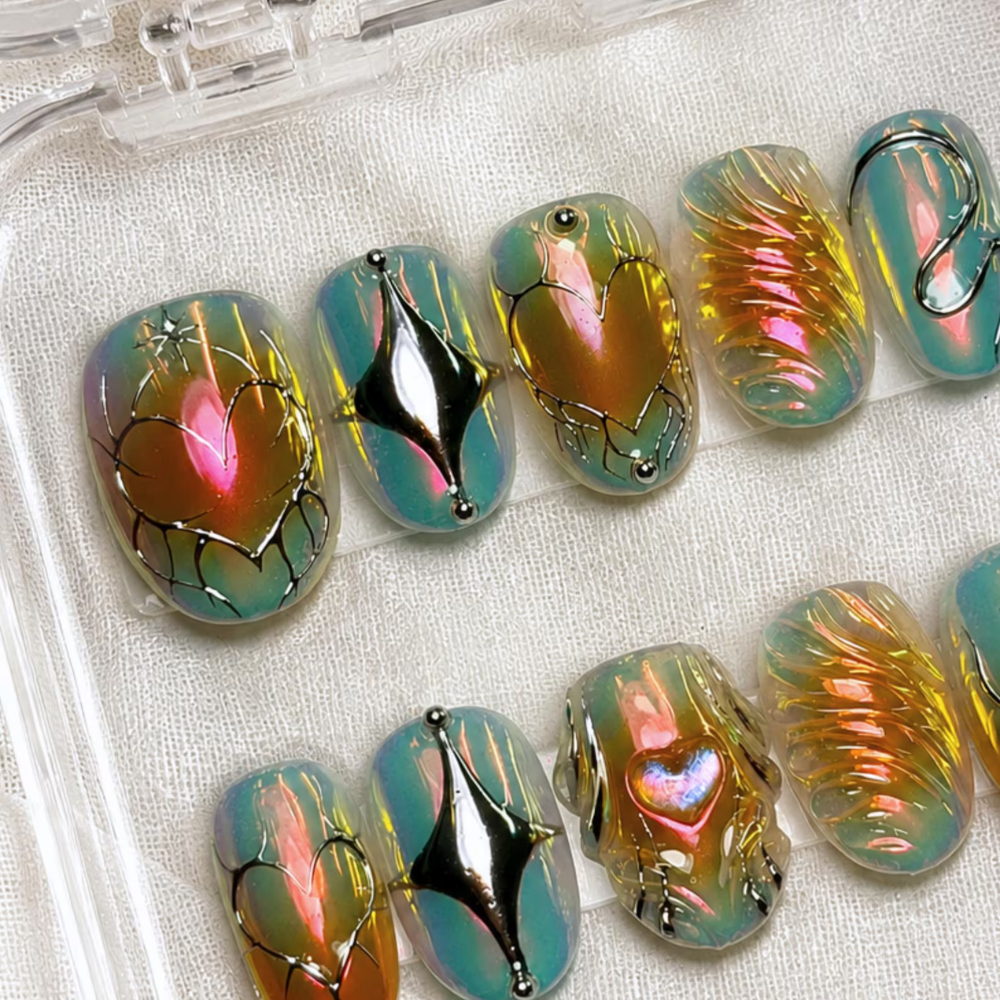 Aurora Chrome Heart Press On Nails, Iridescent Fairycore 3D Nail Art