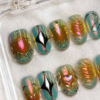 Aurora Chrome Heart Press On Nails, Iridescent Fairycore 3D Nail Art
