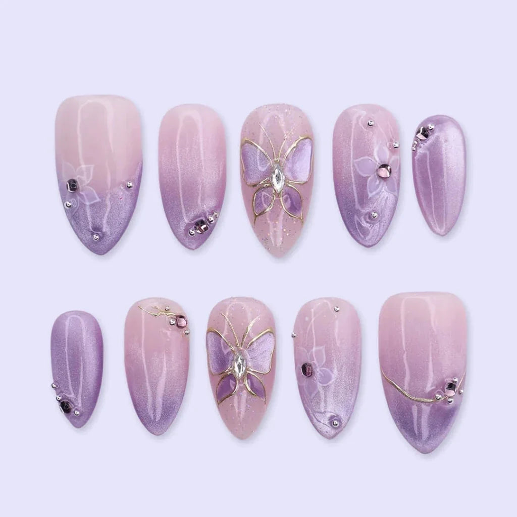 Wisteria Dream Press On Nails, Lavender Butterfly Shimmer Nail Set