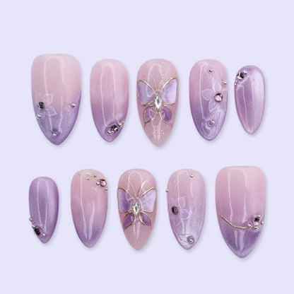Wisteria Dream Press On Nails, Lavender Butterfly Shimmer Nail Set