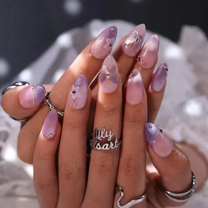 Wisteria Dream Press On Nails, Lavender Butterfly Shimmer Nail Set